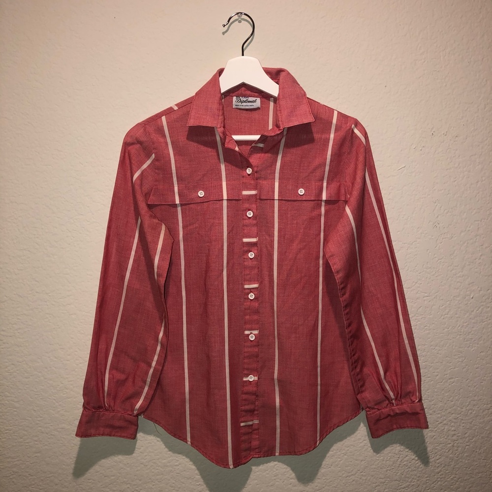 Vintage Striped Long-Sleeve Red Button-Up